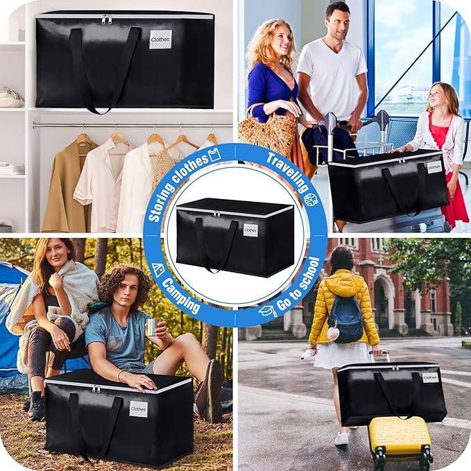 BlissTotes Moving Bags, Heavy Duty Moving Boxes with Zippers Top and Sturdy Handles, Storage Bags for Space Saving and Packing, Collapsible Moving Supplies, Storage Totes (125L, 2-Pack, Black)