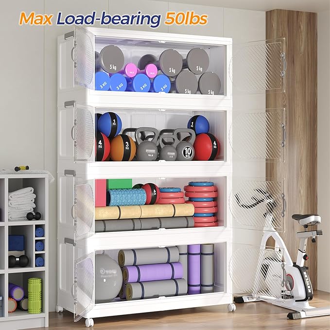 120GAL Plastic Storage Bins with Lid, 480QT Extra Large Stackable Closet Organizers and Storage, Collapsible Storage Boxes with Wheels, Folding Cabinet for Home Kitchen Office, 4Pack White