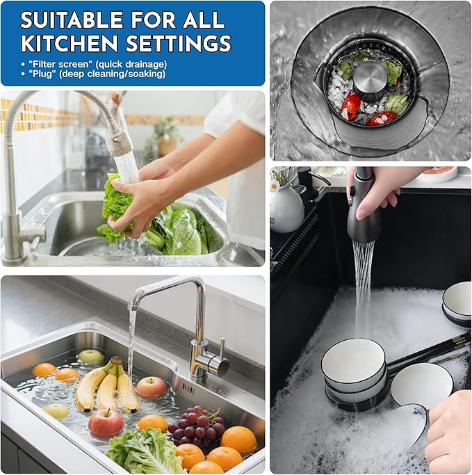 Kitchen Sink Drain Stopper & Strainer Combo, Universal Stainless Steel Sink Drain Stopper (Grey, Fewer holes)