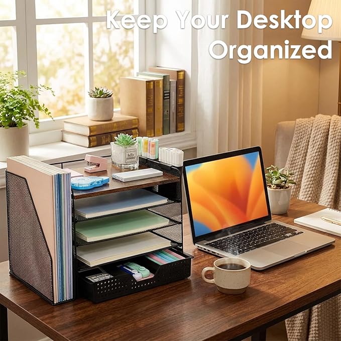 Desk Organizer, 5-Tier Paper File Organizer with Drawer & Pen Holder, Brown Wood