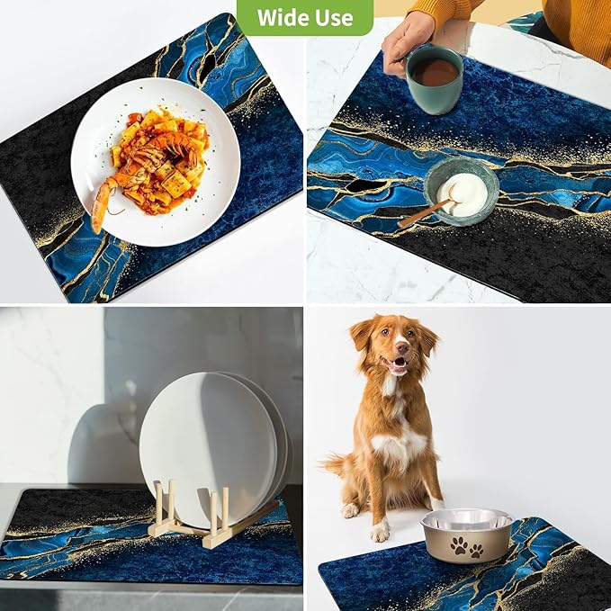 Dish Drying Mat for Kitchen Counter, Blue and Gold Marble Washable Absorbent Quick Dry Pad with Rubber Backing, Draining Mat for Dishes Coffee Table, 16" x 24"