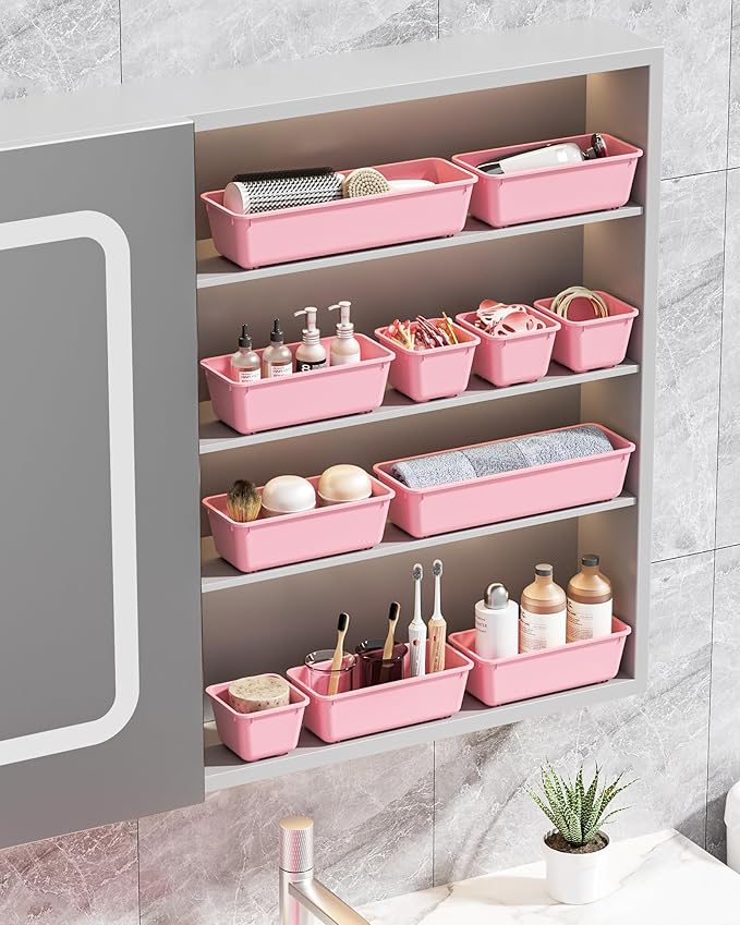 13 Pack Plastic Drawer Organizers Set, Pink