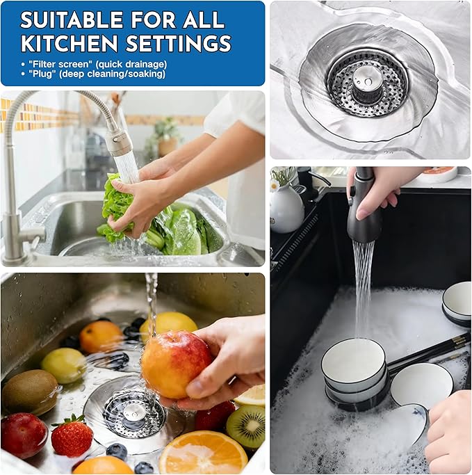 3-in-1 Kitchen Sink Drain Strainer Stopper, Pop Up Kitchen Sink Stopper, Stainless Steel Universal Kitchen Drain Strainer with Food Catcher Basket