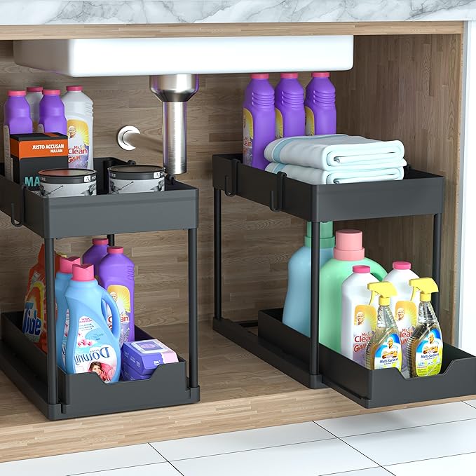 Under Sink Organizer 2 Pack, Bathroom Cabinet Organizer