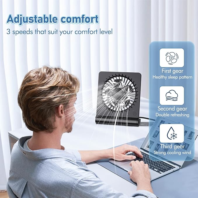 Desk Fan USB Powered with 3 Speeds Adjustable Strong Wind, Ultra Quiet Mini Personal Fan USB-C Corded Powered,220° Tilt Folding Plug In USB Fan(No Battery)