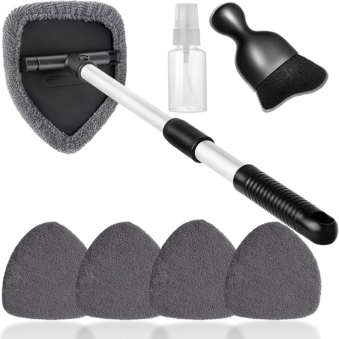 Qydipclin 7pc Windshield Cleaning Kit - 4 Microfiber Pads, Extendable Handle