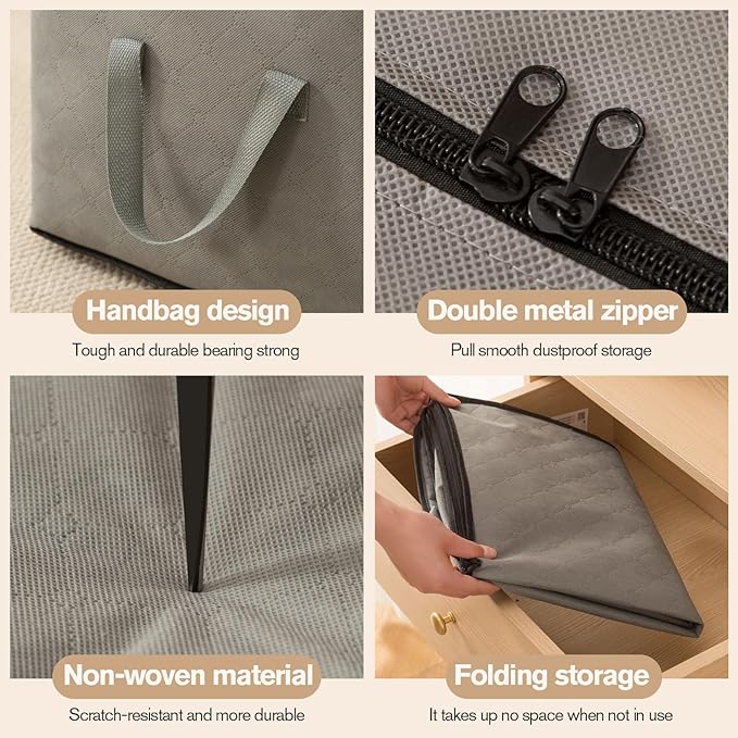 Large Storage Bags, Clothes Storage Bins Foldable Closet Organizers Storage Containers with Durable Handles Thick Fabric for Blanket Comforter Clothing Bedding(grey, 60L (4Pick)