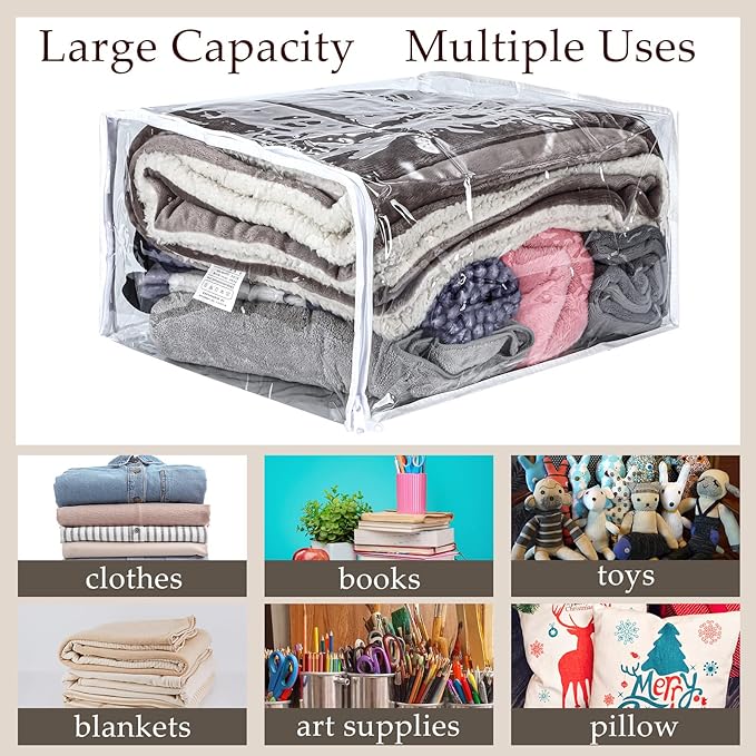 6 Packs Clear Zippered Storage Bags Sweater Moth Bags Plastic Storage for Blankets Clothes Bed Sheet Organizer with Zipper for Closet Linen Sweater