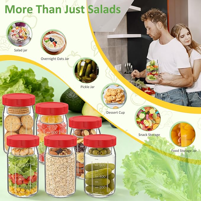 4Pack Glass Salad Jars with Lids, 32oz Salads Mason Jars with Wet/Dry Separation Cup, Meal Prep Salad Containers for Lunch
