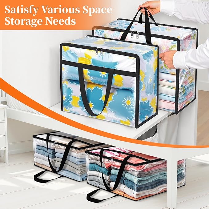 SpaceTrove Clear Clothes Storage Bags, 8 Pack Closet Organizers and Under Bed Storage Containers, Foldable Moving Bags with Zippers for Comforter