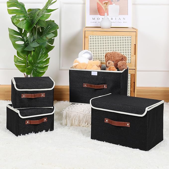 ANMINY 4 Storage Bins with Lid - Large Black