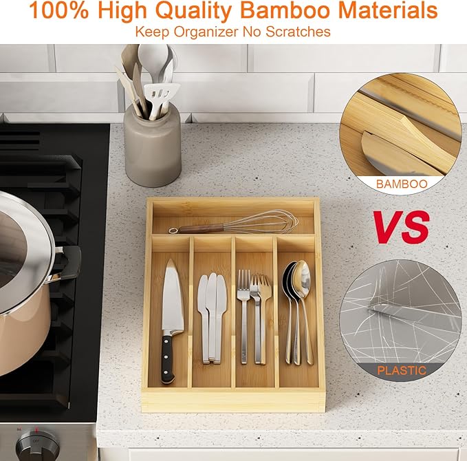 Youpehom Bamboo Utensil Organizer for Kitchen Drawers, Utensil Tray and Cutlery Silverware Holder,Wood Drawer Dividers with 5 Slots,2 pack