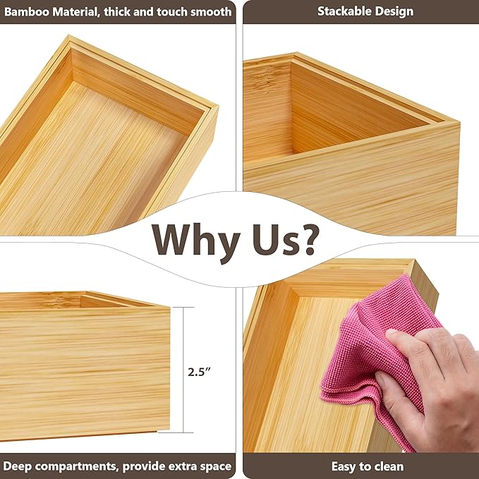 Kitchen Drawer Organizer Tray, Stackable Bamboo Deep Drawer Organizer for Large Silverware, Utensils, Cutlery, Flatware,Junk Drawer, Dresser, Bathroom