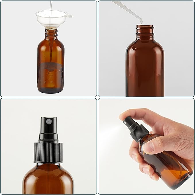 Dark Amber Glass Spray Bottles 4 oz, Small Glass Spray Bottles for Essential Oils, Fine Mist for Face, Hair, Plants, Travel, Perfumes, Cleaning Solutions - 4 Pack