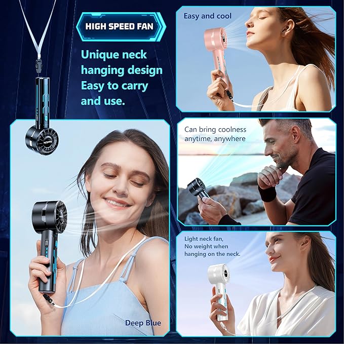 2pcs portable handheld fan personal fan portable neck fan small rechargeable fan usb mini small fan high speed motor lasts 4-16 hours 4-speed lanyard fan for summer outdoor travel children (G2-Blue)