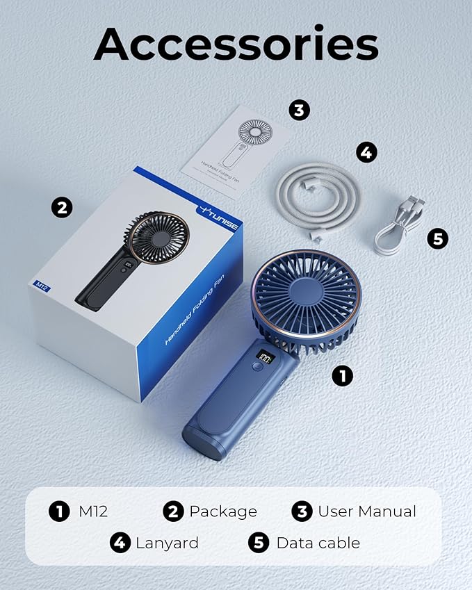 TUNISE Portable Handheld Fan, Portable Fan Rechargeable, 4000mAh, 180° Adjustable, 6 Speed Wind, Display Electricity in Real Time, USB Rechargeable Foldable F an, Quiet Personal Fan with Power Bank