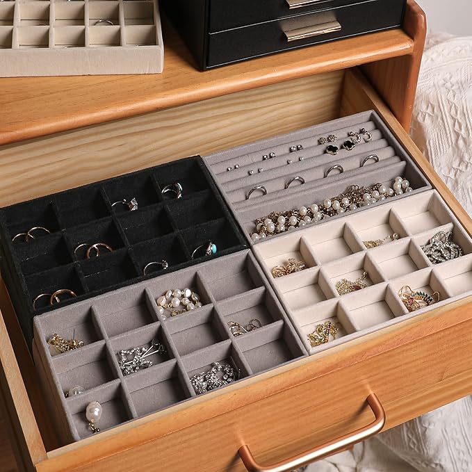 Frebeauty Jewelry Organizer Tray,Stackable Velvet Jewelry Trays,Drawer Inserts Earring Organizer For Women Jewelry Storage Display Case for Rings Stud Necklaces,Set of 6(White)