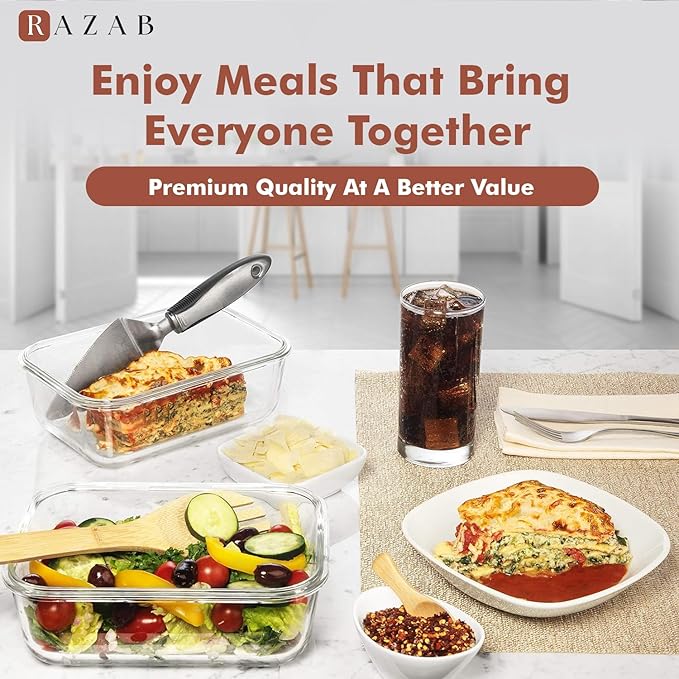 Razab 4 PC 1860ml / 63 Oz / 8 Cups Large Glass Food Storage Containers with Lids - Glass Meal Prep Containers for Roasting & Storing Leftover