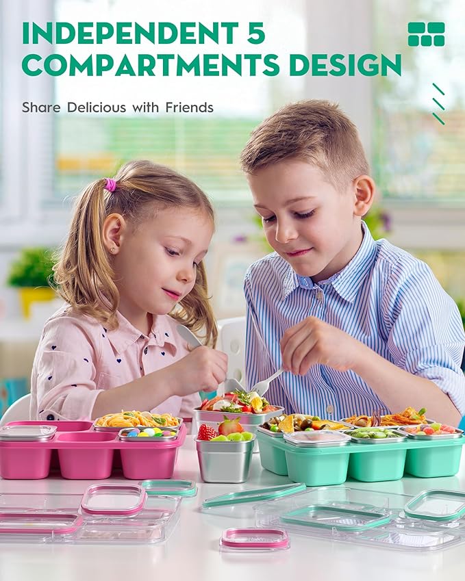 BiuLeon Snackle Box Containers, Stainless Steel 5 Compartments Divided Serving Tray with Lid