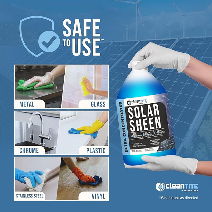 Solar Panel Cleaner 1 Gallon (Makes 512 G) - Super Concentrated Cleaning Solution for Glass, Metal, Wood & Plastic - Remove Oil