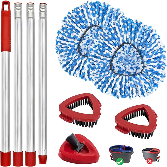 Spin Mop Handle, Mop Replacement Heads,Brush,Base Compatible with OCedar RinseClean 2 Tank,Inclued 2 Microfiber Mop Heads,1 Mop Base,2 Brush and 4-Section Mop Handle for Ocedar,Use for Floor Cleaning