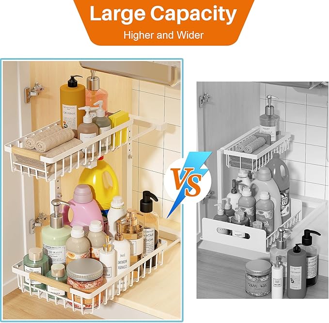 REALINN Under Sink Organizer, Height Adjustable Under Sink Organizers and Storage, 2 Tier Pull Out Drawer Cabinet Storage for Kitchen Bathroom, 2 Pack, White