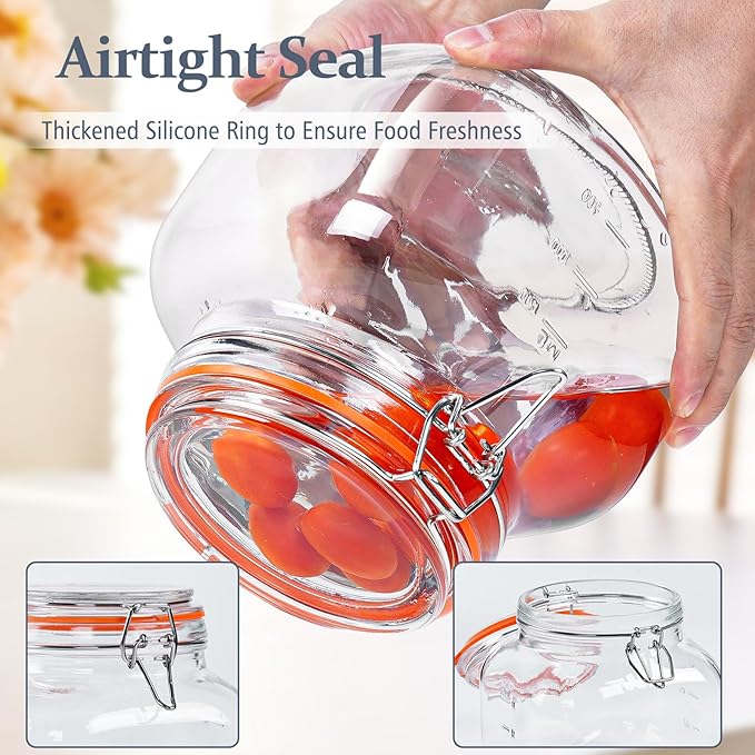 Large Glass Jars with Airtight Lid, 2 Pack Glass Food Storage Jars with 2 Scale Marks, Square Glass Canisters for Flour, Cereal, Coffee, Pasta