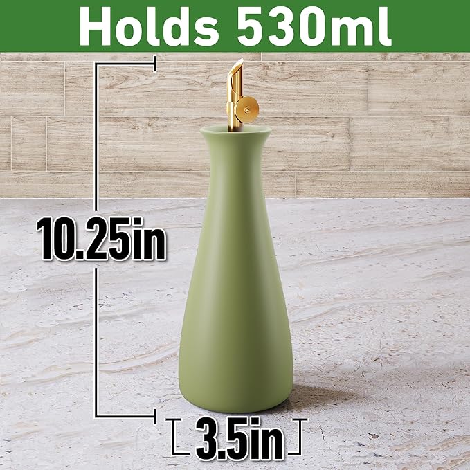 Ceramic Olive Oil Dispenser with Self-Closing Gold Spout - 530 ML Capacity Matte Green Ceramic Oil Dispenser for Kitchen - Leak Proof EVOO Dispensing Bottle - Stylish, Ergonomic, Durable, Easy Pour
