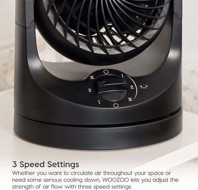 IRIS USA WOOZOO Desk Fan, Oscillating Air Circulator, 3 Speeds, 32ft Max Air Distance, 108ft² Coverage, 112° Adjustable Vertical Tilt, 27db Quiet Motor, Small Fan for Bedroom, Office, Dorm, Black