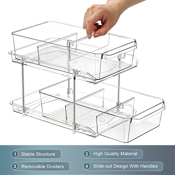 2 Set, 2 Tier Clear Organizer with Dividers for Cabinet, Shlef, Counter