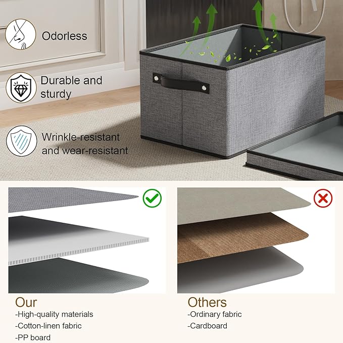 Fabric Storage Bin with Lid, 10.2×7.8×6.7 Inch Foldable Storage Box for Shelves with Handles, Decorative Linen Closet Organizer, Gray, 1-Pack