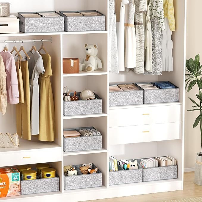 Large Closet Shelf Organizer Bins 6 Packs with Handles and Divider