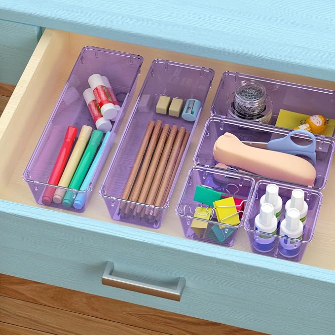WOWBOX 12 Pack Clear Drawer Organizer Set, Acrylic Drawer Storage Trays, Storage Bins for Makeup, Cosmetics, Jewelries, Utensils, Gadgets, Office, Purple