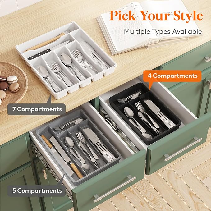 Lifewit Silverware Drawer Organizer Tray, Plastic Cutlery Storage for Kitchen, Flatware and Utensil Holder Divider for Spoons Forks Knives Tableware