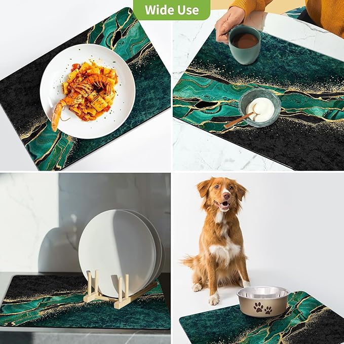 Dish Drying Mat for Kitchen Counter, Green and Gold Marble Washable Absorbent Quick Dry Pad with Rubber Backing, Draining Mat for Dishes Coffee Table, 12" x 20"