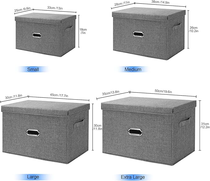 Large Linen Fabric Foldable Storage Bins with Removable Lid and Handles, Washable Storage Box Organizer Containers Baskets Cube with Cover for Bedroom