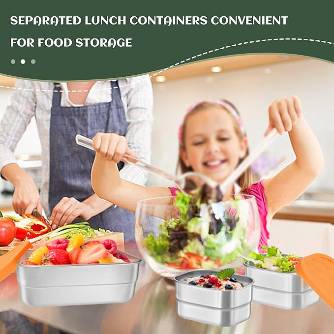 HaWare 8oz*2+25oz Stainless Steel Lunch Containers, Leak Proof Food Storage Snack Containers with Silicone Lids, Portable Sandwich Containers