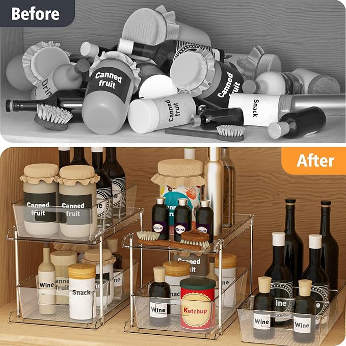 Pull-Out Home Organizers, 2 Tier Clear Bathroom Organizer with Dividers