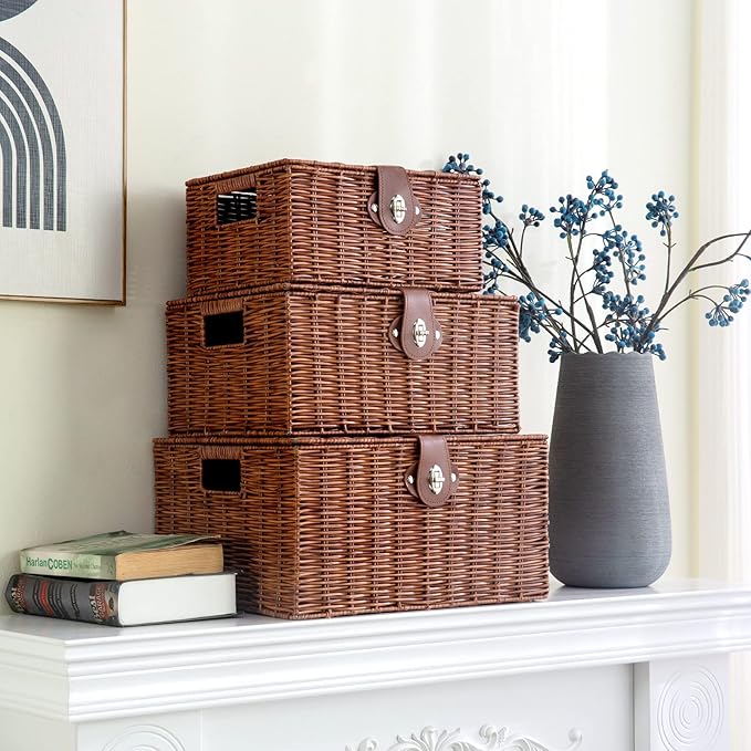 Set of 3 Woven Wicker Storage Basket Box with Lids & Lock, Natural