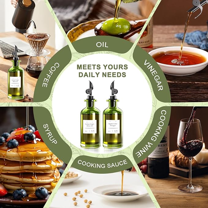 COOLMI Oil Dispenser for Kitchen - 12oz/350ml, Set of 2 Extra Thick Food Grade Glass Olive Oil Dispenser Bottle with Cleaning Brush, Stickers and Funnel (Black)