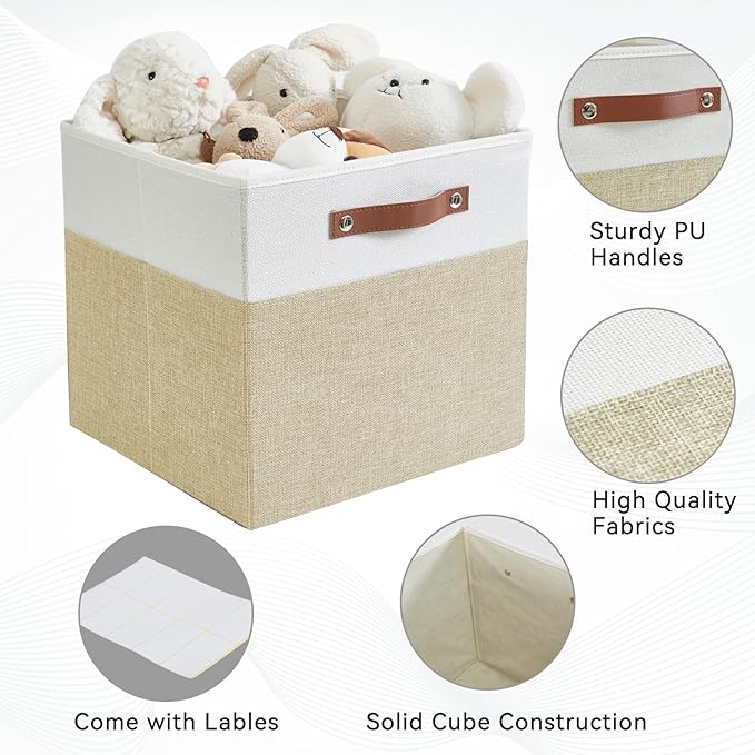 Bagnizer 13x15x13 Storage Cube Bins, Foldable Storage Organizer Baskets, Fabric Cube Storage Boxes with 2 Reinforced PU Handles for Kallax, Shelves, Living Room | 4 Pack, Beige & White