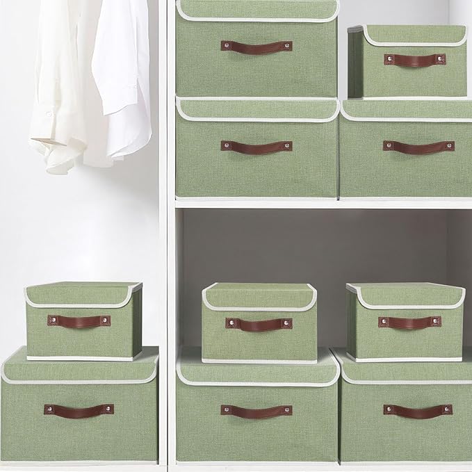 ANMINY Storage Bin with Lid Storage Boxes with PU Leather Handles PP Plastic Board Decorative Foldable Lidded Cotton Linen Fabric Home Cubes Baskets