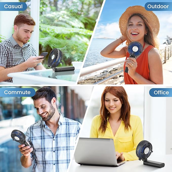 HandFan 5200mAh Portable Handheld Fan Rechargeable - 3 Speeds Foldable Personal Cooling, 2-IN-1 Hand Held Fan Battery Operated, 20H Runtime for Disney/Travel/Summer/Concerts/Women (Black&Blue)
