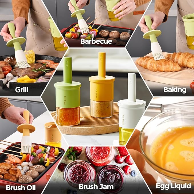 YARRAMATE 300ml /10oz Oil Dispenser with Brush - Glass Oil Bottle for Kitchen with Silicone Heat Resistant Basting Brush - Cooking Brush for Vinegar Sauce BBQ Grill Frying - Creamy White