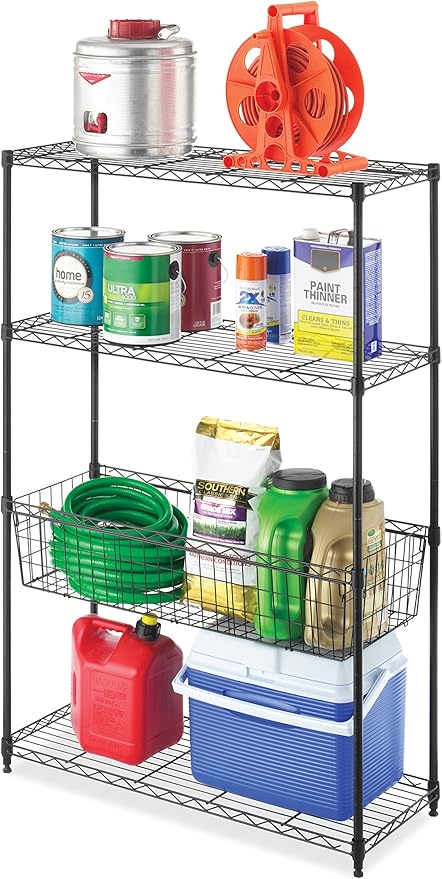 4-Wire Shelving Unit, Metal Storage Shelves with Basket