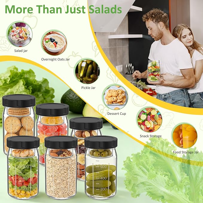 4Pack Glass Salad Jars with Lids, 32oz Salads Mason Jars with Wet/Dry Separation Cup, Meal Prep Salad Containers for Lunch
