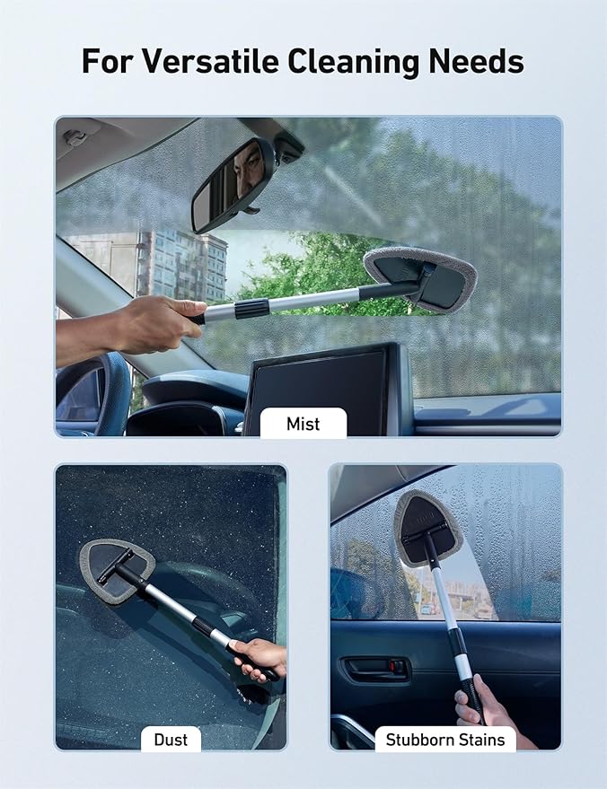 AstroAI Windshield Cleaner Tool, Car Interior Detailing Cleaning Kit with Extendable Handle and 4 Upgraded High-Density Reusable Microfiber Pads