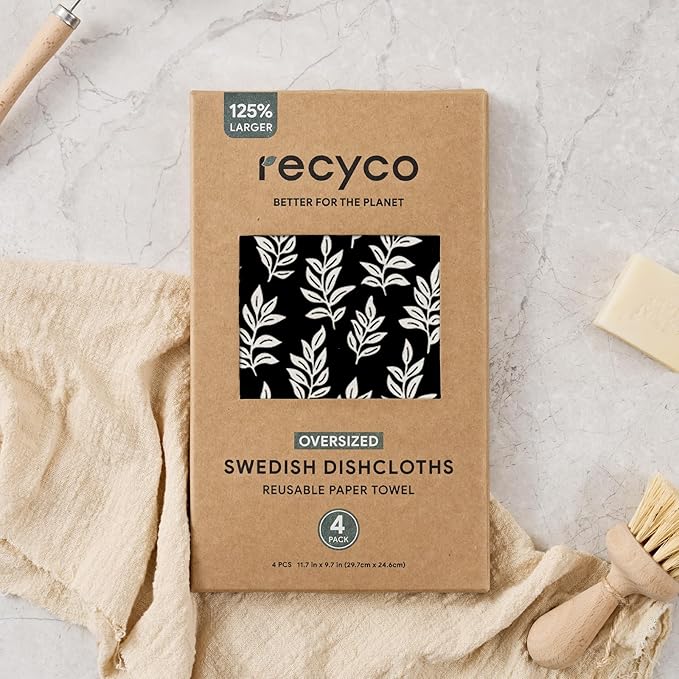 RECYCO Swedish Dishcloths for Kitchen | 4 Pack Oversized Washable Dish Rags | Large Cellulose Reusable Cleaning Paper Towels | Absorbent Counter Dish Cloth Sponge XL Kitchen Wipes, 12" L x 10" W
