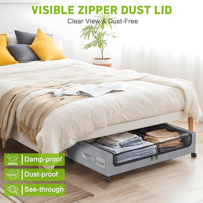 YAASHEEN Under Bed Storage with Wheels, 2-Pack Under the Bed Storage Containers with Clear Lids & Label, Underbed Storage Bins