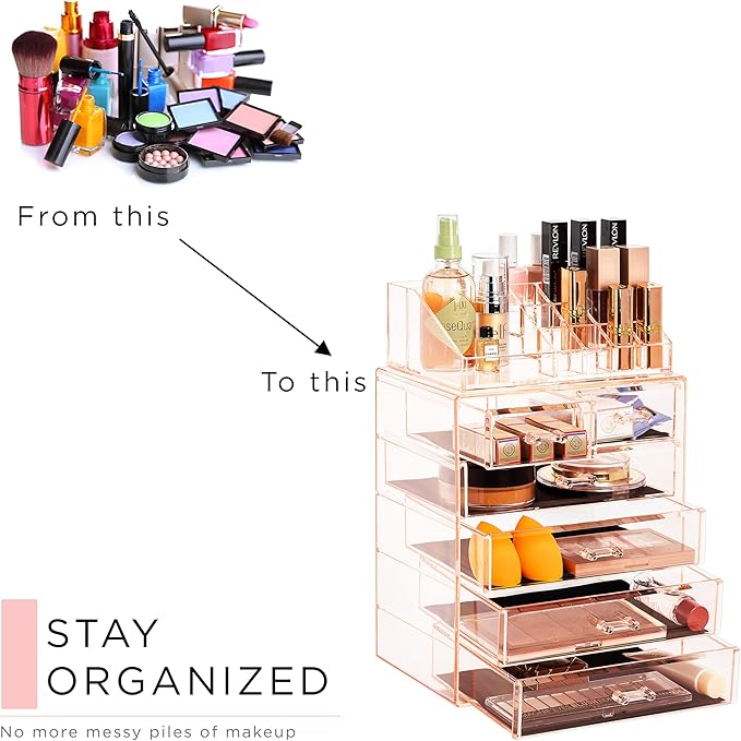 Sorbus Acrylic Makeup Organizer Set, 6-Drawer Vanity & Countertop Cosmetic Storage with Small & Wide Compartments, Pink Makeup Storage for Brushes
